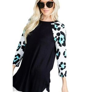 P & Rose Leopard Print Top Black Women Small T1219‎